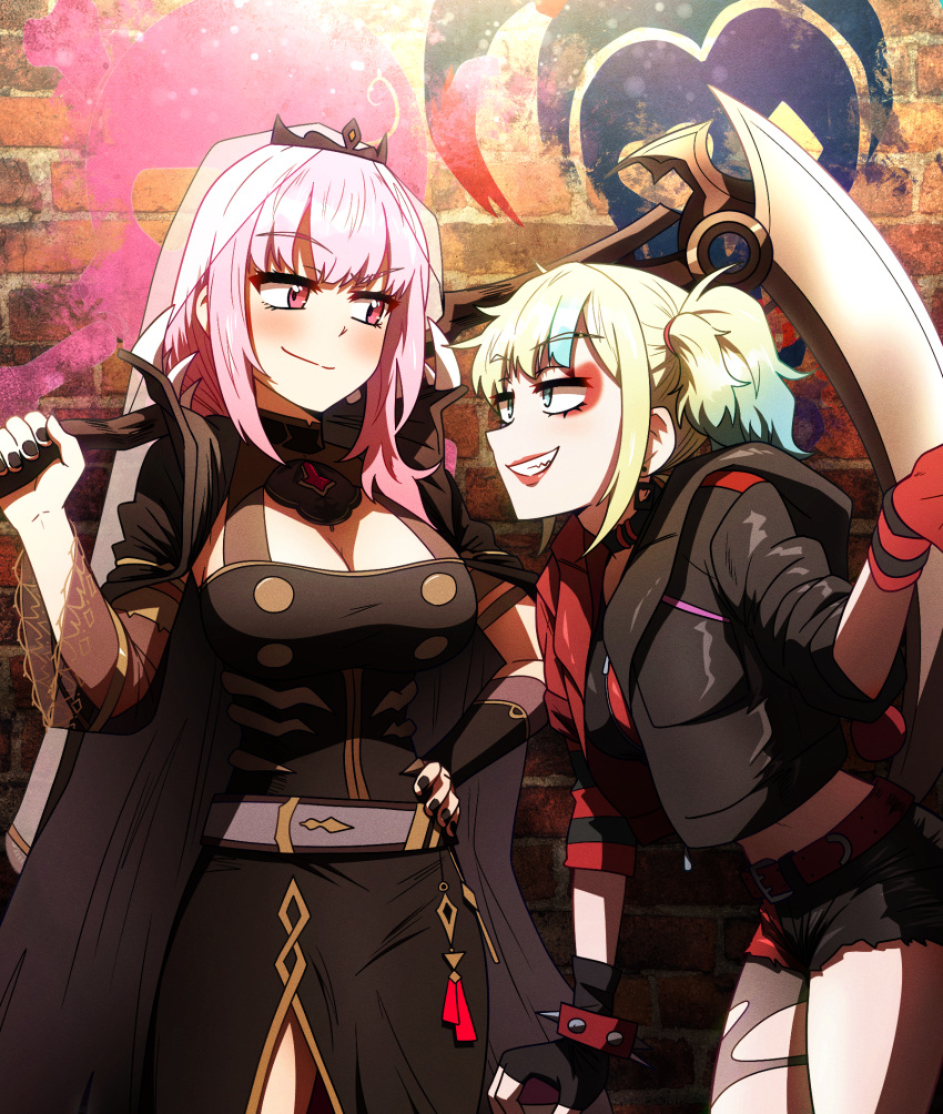 2girls black_cape black_dress black_jacket blue_eyes breasts cape cleavage cleavage_cutout clothing_cutout ddolbang dress eyeshadow gloves hand_on_own_hip harley_quinn highres holding holding_scythe hololive hololive_english jacket makeup mori_calliope multicolored_hair multiple_girls pink_eyes pink_hair red_eyeshadow red_gloves red_lips scythe smile suicide_squad_isekai two_side_up virtual_youtuber