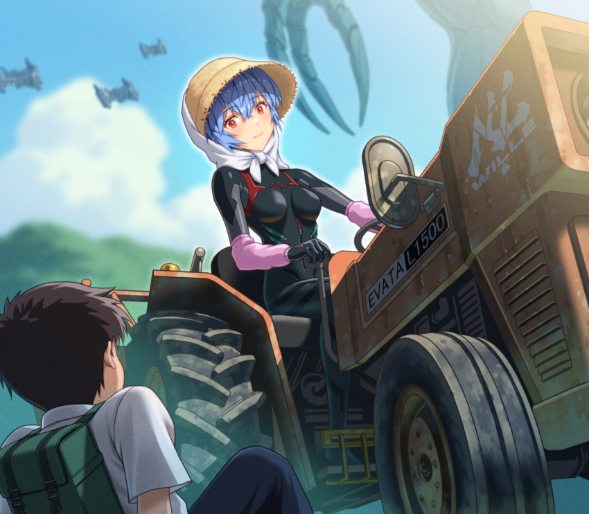 1boy 1girl aircraft angel_(evangelion) arm_support arm_warmers ayanami_rei backpack bag black_bodysuit blue_hair blue_sky blurry blurry_background blush bodysuit breasts brown_hair closed_mouth cloud collared_shirt commentary cumulonimbus_cloud dress_shirt driving evangelion:_3.0+1.0_thrice_upon_a_time facing_another foliage from_behind green_bag hair_between_eyes hat highres ikari_shinji interface_headset knees_up light_blush light_smile long_sleeves looking_at_another mountainous_horizon neon_genesis_evangelion on_ground pilot_suit plugsuit rebuild_of_evangelion red_eyes school_uniform shawl shirt short_hair short_sleeves sitting sky small_breasts smile straw_hat sun_hat tokyo-3_middle_school_uniform tractor vtol white_shawl white_shirt yahha