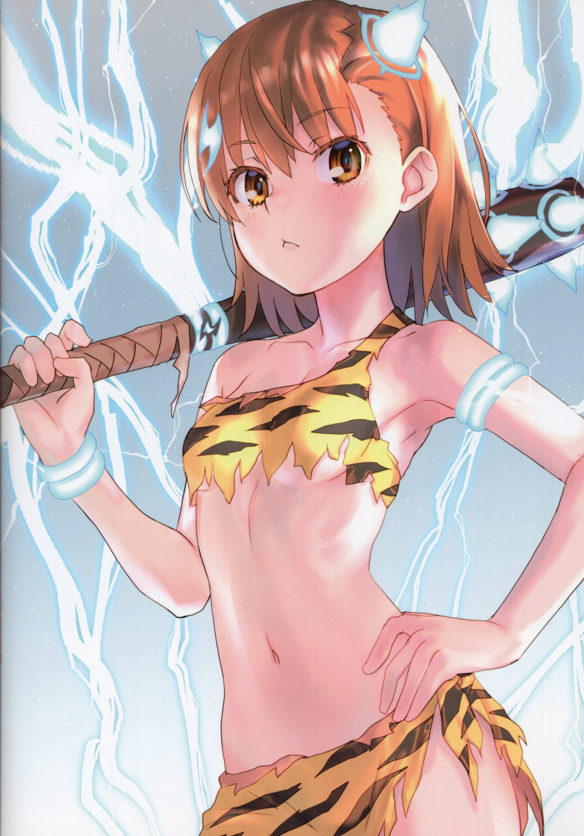 1girl :&lt; absurdres animal_print bare_shoulders blush bracelet breasts brown_eyes brown_hair closed_mouth club_(weapon) collarbone cowboy_shot electricity electrokinesis fake_horns hair_ornament hand_on_own_hip highres holding holding_weapon horns jewelry looking_at_viewer medium_hair misaka_mikoto navel non-web_source over_shoulder psychic raika9 short_hair small_breasts solo stomach tiger_print toaru_kagaku_no_railgun toaru_majutsu_no_index torn_clothes underboob weapon weapon_over_shoulder