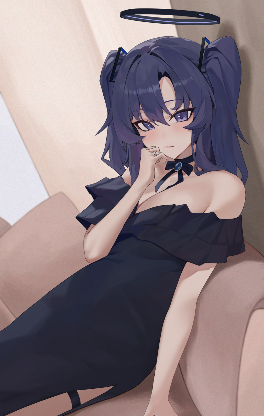 1girl absurdres alternate_costume bburi black_dress blue_archive blush breasts cleavage closed_mouth dress hair_between_eyes halo highres large_breasts long_hair looking_at_viewer mechanical_halo purple_eyes purple_hair solo thigh_strap two_side_up yuuka_(blue_archive)