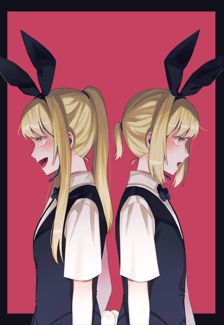 absurdres alternate_costume back-to-back black_border black_bow black_bowtie black_ribbon black_vest blonde_hair blush border bow bowtie collared_shirt earpiece fake_tail from_side hachi_(this_communication) hair_ribbon highres lone_nape_hair long_hair looking_ahead nana_(this_communication) nishi_no_chigo open_mouth outside_border ponytail profile rabbit_tail red_background ribbon shirt short_hair short_ponytail short_sleeves siblings sidelocks sisters standing tail this_communication upper_body vest waitress white_shirt yellow_eyes