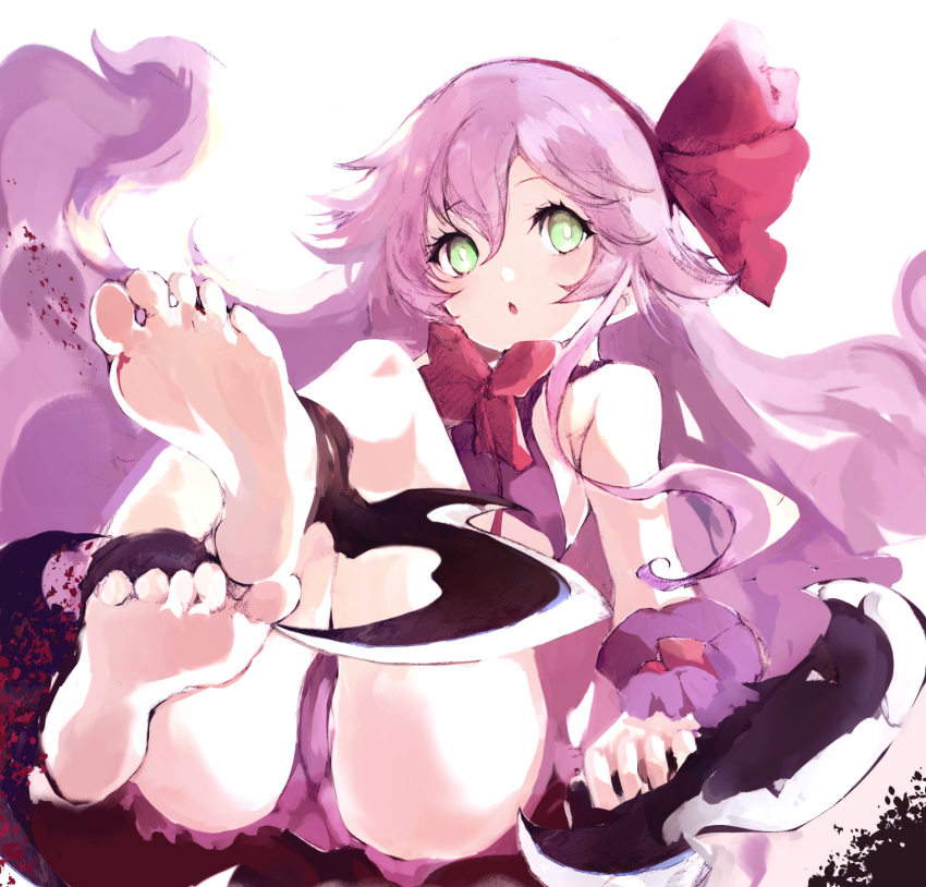 1girl barefoot blood blood_splatter blush bow bowtie chestnut_mouth demon_reaper dual_wielding eyelashes facing_viewer full_body green_eyes hair_between_eyes hairband highres holding holding_weapon kakuwashi knees_up long_hair looking_at_viewer open_mouth pink_hair purple_hair red_bow red_bowtie red_hairband refrain_no_chika_meikyuu_to_majo_no_ryodan sidelocks simple_background sketch soles solo thighs toes very_long_hair wavy_hair weapon white_background