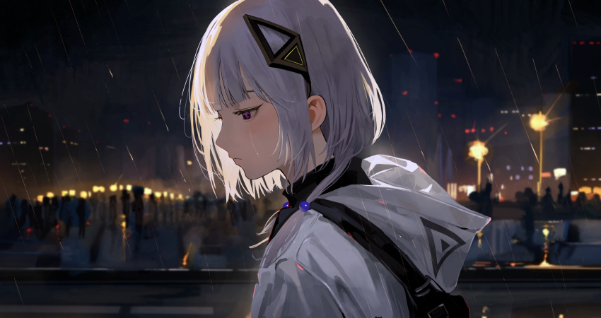 1girl absurdres black_shirt blunt_bangs cevio cityscape closed_mouth commentary crowd crying crying_with_eyes_open fanny_pack hair_ornament hairclip high_collar highres hood hood_down hooded_jacket jacket kafu_(cevio) medium_hair multicolored_eyes natsu_kumo719 night night_sky outdoors pink_eyes purple_eyes rain shirt sky solo_focus straight_hair streaming_tears tears upper_body white_hair white_jacket