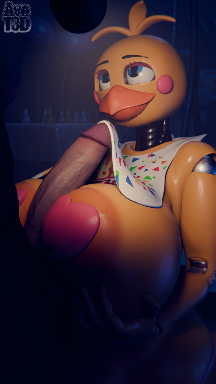 3d_(artwork) absurd_res animatronic anthro avet3d avian beak bib big_breasts big_penis bird blender_(software) blue_eyes breast_play breasts clothed clothing digital_media_(artwork) duo endoskeleton female five_nights_at_freddy's five_nights_at_freddy's_2 flashlight genitals heart_pasties hi_res holding_breast human human_on_anthro interspecies looking_at_another machine male male/female mammal panties partially_clothed pasties penis robot scottgames security security_guard sex solo solo_focus titfuck titfuck_under_clothes toy_chica_(fnaf) underwear wide_hips