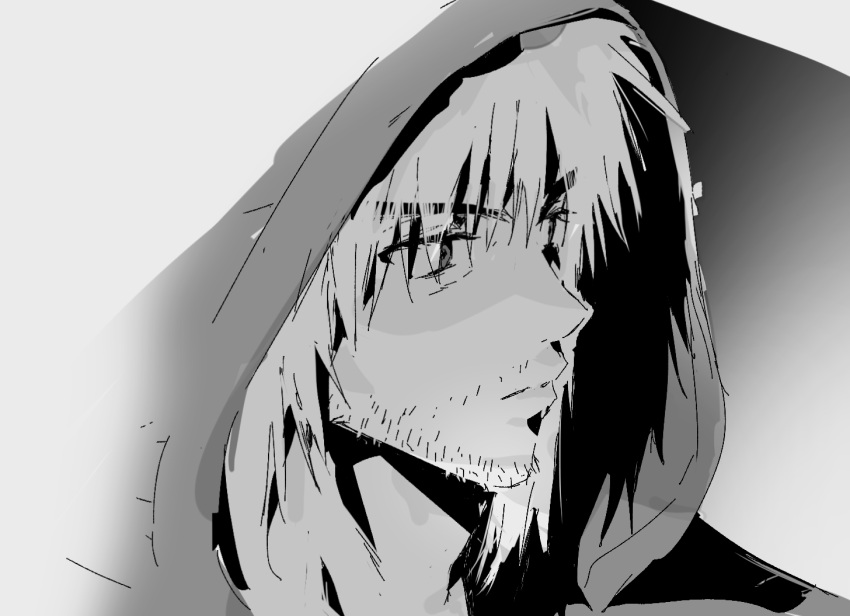 1boy athanjccgg expressionless eyelashes facial_hair from_side greyscale greyscale_with_colored_background hood hood_up huge_eyebrows ken_masters looking_to_the_side male_focus medium_hair monochrome mustache_stubble portrait sketch solo sparse_stubble street_fighter street_fighter_6 stubble