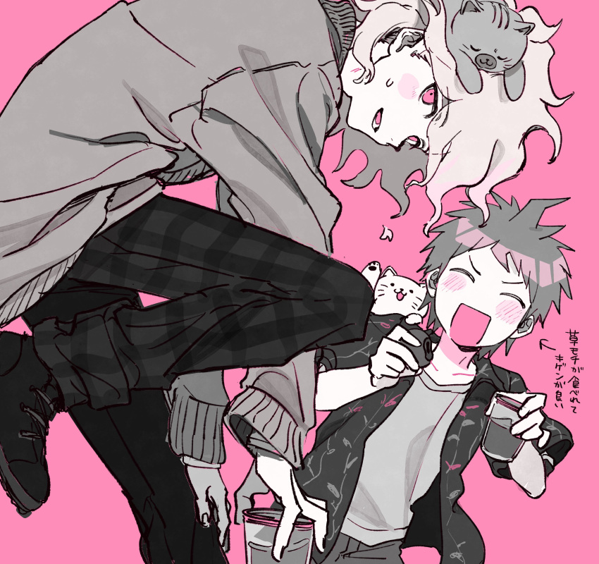 2boys absurdres animal animal_on_head animal_on_shoulder blush cat cat_on_head cat_on_shoulder closed_eyes cup danganronpa_(series) danganronpa_2:_goodbye_despair highres hinata_hajime holding holding_cup komaeda_nagito limited_palette long_sleeves looking_at_viewer male_focus messy_hair multiple_boys on_head open_mouth pants parted_lips r9rpd shirt shoes short_sleeves simple_background spiked_hair sweat