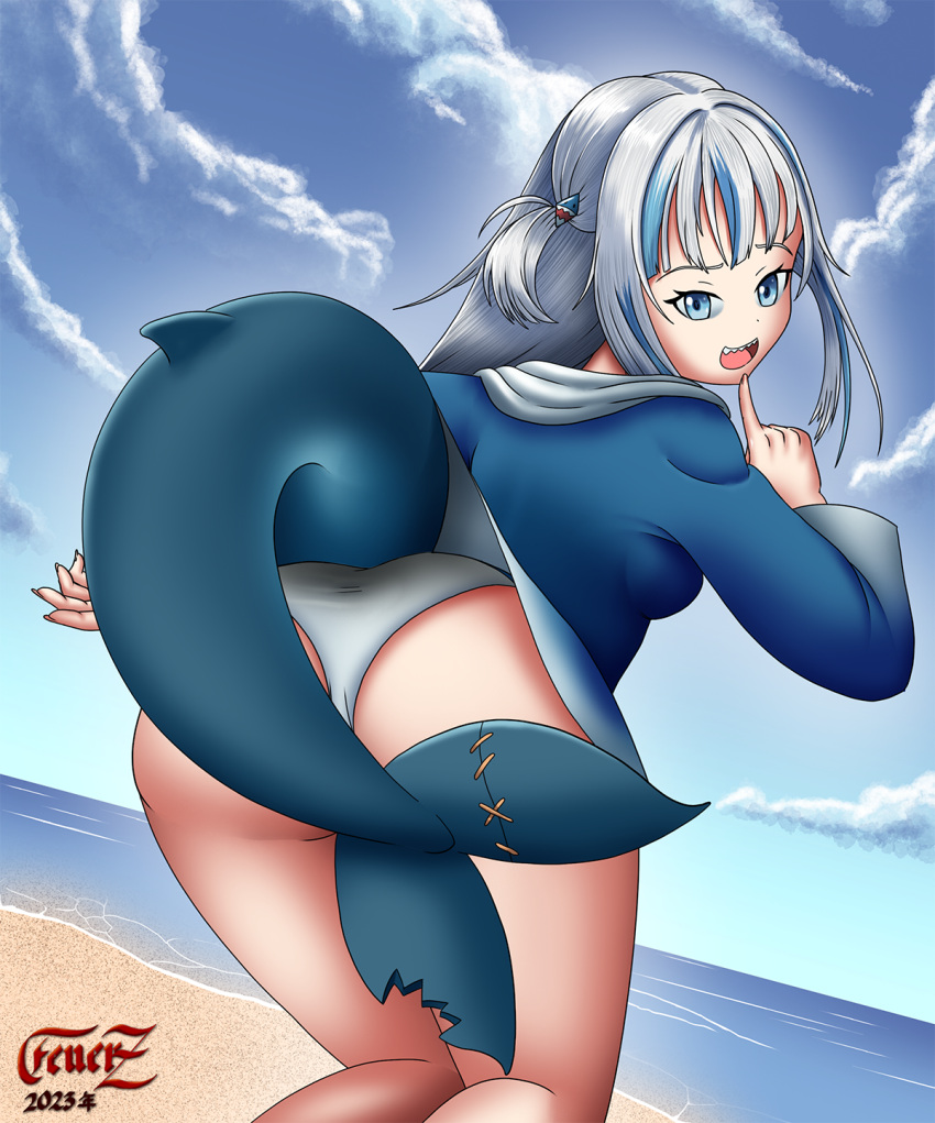animal_humanoid animal_tail beach big_butt blue_body blue_clothing blue_eyes blue_highlights blue_hoodie blue_scales blue_topwear breasts butt clothed clothing eyelashes female feuerz fish fish_humanoid gawr_gura hi_res highlights_(coloring) hololive hololive_en hoodie humanoid looking_at_viewer looking_back looking_back_at_viewer marine marine_humanoid open_mouth panties rear_view scales sea shark_humanoid solo tail tailed_humanoid tan_body tan_skin thick_thighs topwear underwear upskirt vtuber water white_clothing white_panties white_underwear wide_hips