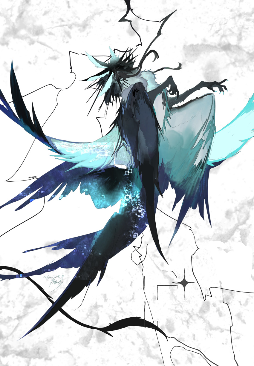 abstract_background absurdres animal_ears aqua_feathers aqua_wings black_wings blue_feathers blue_wings creature feathers full_body highres kamikiririp no_humans original solo wings