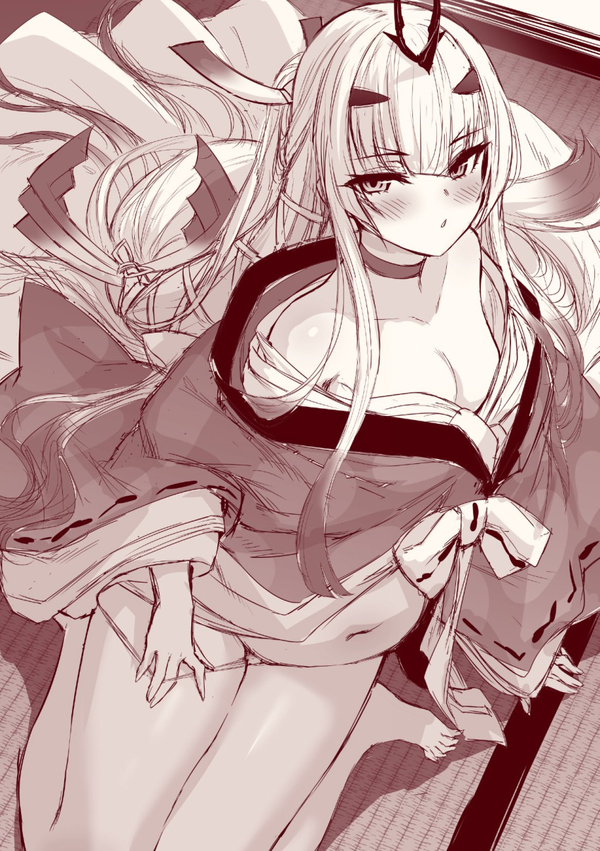 1girl bare_shoulders barefoot breasts choker collarbone fate/grand_order fate_(series) forked_eyebrows greyscale hair_ornament highres japanese_clothes kimono layered_clothes layered_kimono long_hair looking_at_viewer m-da_s-tarou melusine_(dream_portrait)_(fate) melusine_(fate) monochrome navel obi off_shoulder official_alternate_costume panties sash sitting small_breasts solo underwear very_long_hair wariza wide_sleeves