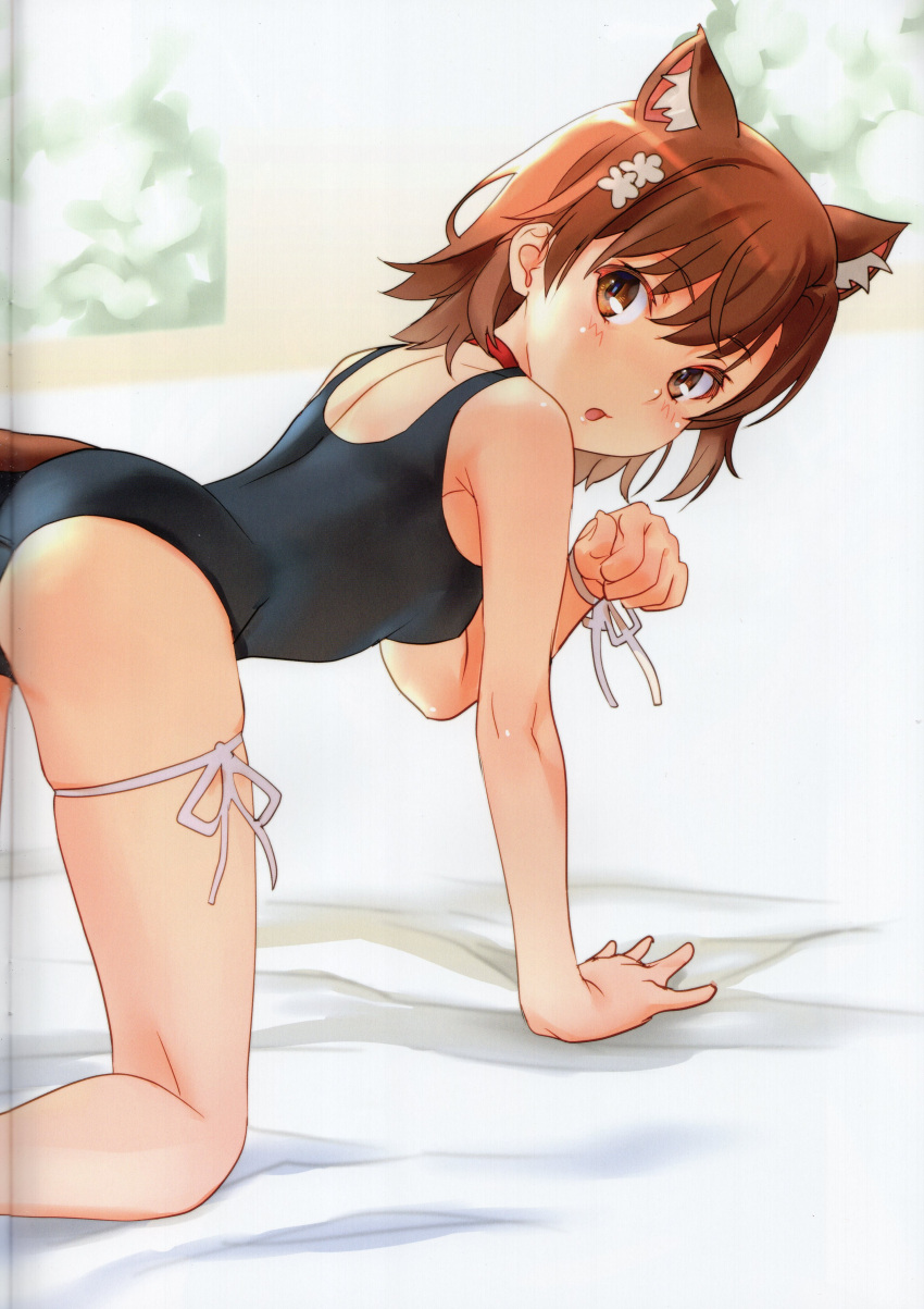 1girl absurdres all_fours animal_ears ass bare_arms bare_shoulders bed_sheet black_one-piece_swimsuit blush breasts brown_eyes brown_hair cat_ears cat_tail collar crease extra_ears feet_out_of_frame flower hair_flower hair_ornament highres kemonomimi_mode leg_ribbon looking_at_viewer looking_back medium_hair misaka_mikoto non-web_source one-piece_swimsuit open_mouth paw_pose raika9 red_collar ribbon scan school_swimsuit short_hair skindentation small_breasts solo swimsuit tail thigh_ribbon thigh_strap toaru_kagaku_no_railgun toaru_majutsu_no_index white_flower