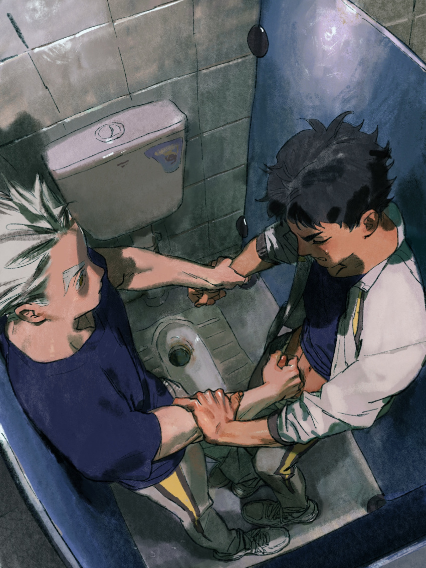 2boys akaashi_keiji black_hair blue_shirt bokuto_koutarou brown_eyes chengongzi123 clenched_teeth closed_eyes closed_mouth collared_jacket commentary full_body grey_hair grey_jacket grey_pants haikyuu!! hand_grab handjob hands_up highres indoors jacket looking_at_another male_focus multicolored_hair multiple_boys pants restroom shirt shoes short_hair sneakers squat_toilet standing streaked_hair symbol-only_commentary t-shirt teeth toilet_stall very_short_hair