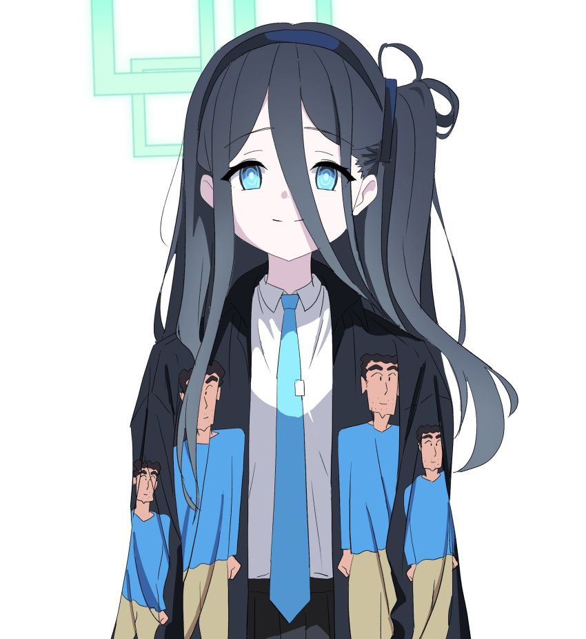 1girl absurdly_long_hair absurdres aris_(blue_archive) black_hair black_hairband black_skirt blue_archive blue_eyes blue_necktie closed_mouth collared_shirt crayon_shin-chan green_halo hairband halo highres long_hair looking_at_viewer necktie nohara_hiroshi ojin pleated_skirt ringed_eyes shirt simple_background skirt smile solo upper_body very_long_hair white_background white_shirt