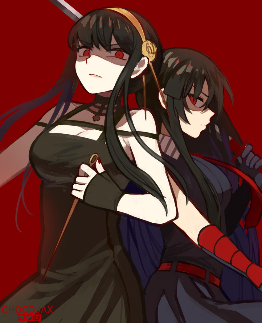 2girls akame_(akame_ga_kill!) akame_ga_kill! artist_name bare_shoulders black_dress black_hair breasts chocojax cleavage dagger dress flower hair_between_eyes hair_flower hair_ornament highres holding holding_knife holding_sword holding_weapon knife long_hair looking_at_viewer multiple_girls nail_polish red_background red_eyes red_nails short_hair_with_long_locks simple_background spy_x_family stiletto_(weapon) sword two-sided_dress two-sided_fabric upper_body vambraces weapon yor_briar