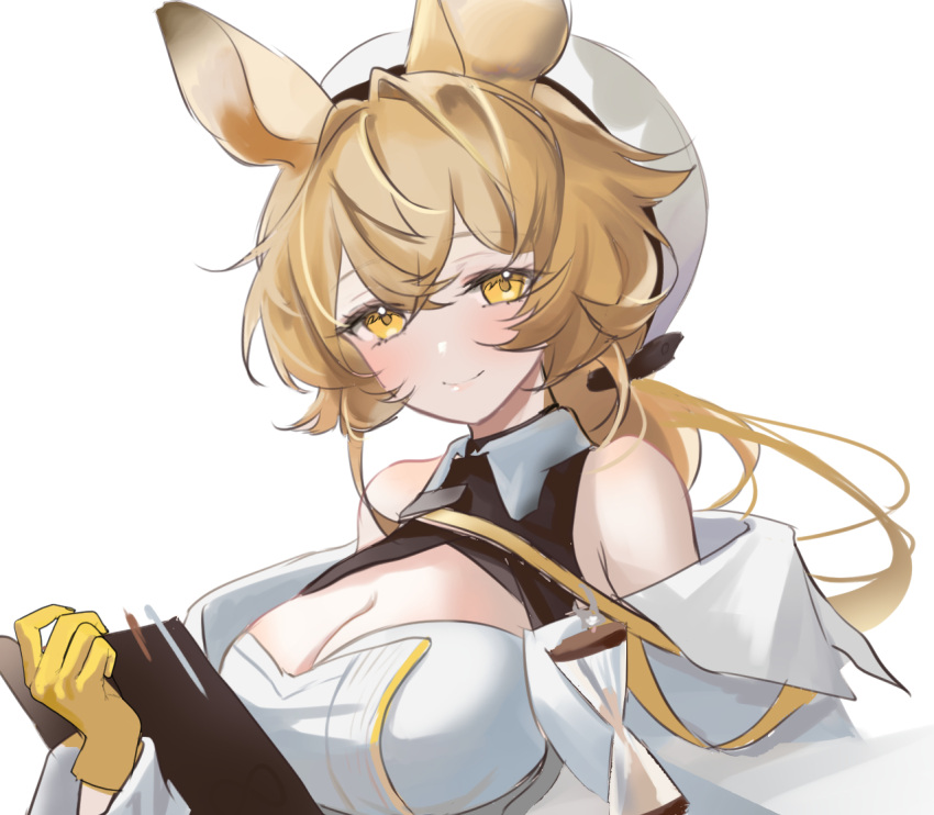 1girl animal_ears arknights bare_shoulders beret blonde_hair blush book breasts cleavage cleavage_cutout closed_mouth clothing_cutout crossed_bangs dorothy_(arknights) hair_between_eyes hat holding holding_notebook jacket large_breasts long_hair looking_at_viewer low-tied_long_hair mouse_ears mouse_girl notebook off_shoulder open_book open_clothes open_jacket portrait raramente shirt sidelocks simple_background sleeveless sleeveless_shirt smile solo white_background white_headwear white_jacket white_shirt yellow_eyes yellow_jacket