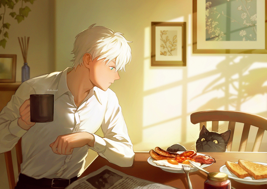 bacon beans belt black_cat bread bread_slice breakfast cat cup dappled_sunlight dining_room food fried_egg from_side green_eyes highres holding holding_cup indoors iyanhoho jam looking_at_animal male_focus newspaper on_chair original picture_frame profile sausage shirt short_hair sidelighting signature sitting sunlight table toast upper_body utensil white_hair white_shirt