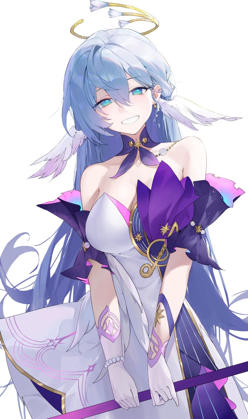 1girl absurdres bare_shoulders blue_eyes blue_hair breasts cleavage collar detached_sleeves dress earrings gloves gmirror1 hair_between_eyes halo head_wings highres honkai:_star_rail honkai_(series) jewelry large_breasts long_hair looking_at_viewer purple_collar purple_sleeves robin_(honkai:_star_rail) simple_background smile solo strapless strapless_dress teeth very_long_hair white_background white_gloves wings