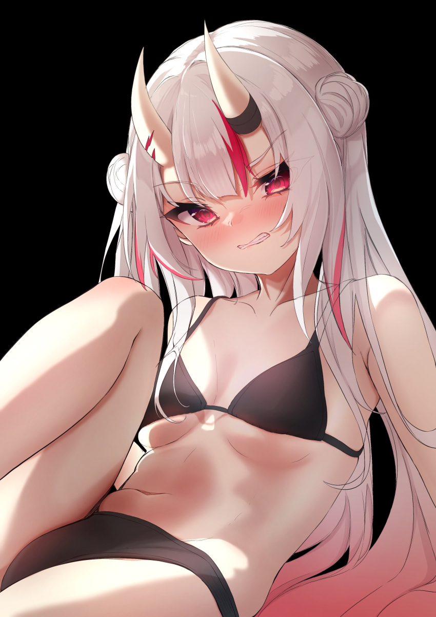 1girl absurdres bikini black_background black_bikini blush breasts breasts_apart clenched_teeth collarbone double_bun feet_out_of_frame gradient_hair grimace hair_bun highres hololive horns knee_up long_hair looking_at_viewer multicolored_hair nakiri_ayame navel nose_blush red_hair simple_background small_breasts solo stomach streaked_hair string_bikini swimsuit teeth terra_bose v-shaped_eyebrows virtual_youtuber white_hair