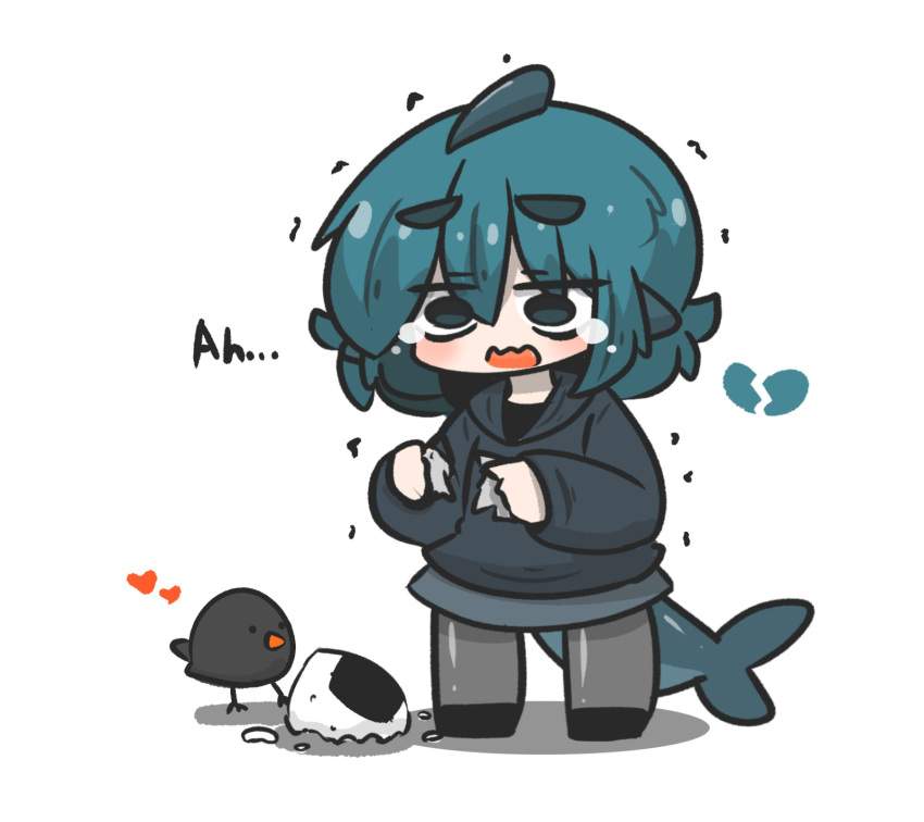 1girl animal bird black_footwear black_hoodie blue_eyes blue_hair chibi commentary_request fins fish_tail food fuka-chan full_body grey_pantyhose grey_skirt hair_between_eyes heart highres hood hood_down hoodie long_sleeves onigiri open_mouth original pantyhose puffy_long_sleeves puffy_sleeves shadow shark_tail shoes short_eyebrows simple_background skirt solo spill standing tail tears thick_eyebrows trembling uni_souchou wavy_mouth white_background