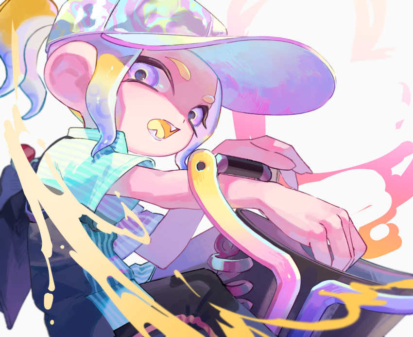 1girl baseball_cap blonde_hair blue_hair blue_shirt commentary gradient_hair hat highres holding holding_weapon ink_tank_(splatoon) looking_at_viewer medium_hair multicolored_clothes multicolored_hair multicolored_headwear octoling octoling_girl octoling_player_character open_mouth paint ponytail purple_eyes shirt shiu_dotcom slosher_(splatoon) smile solo splatoon_(series) splatoon_3 symbol-only_commentary teeth tentacle_hair two-tone_hair weapon white_background