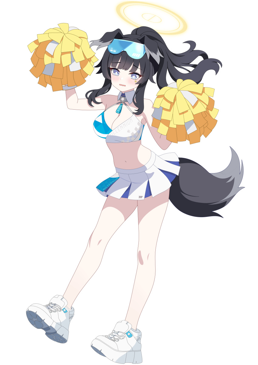 1girl absurdres animal_ears baozi_9527 bare_shoulders black_hair black_tail blue-tinted_eyewear blue_archive blue_eyes blush breasts cheerleader cleavage collar commentary_request crop_top detached_collar dog_ears dog_girl dog_tail dot_nose embarrassed eyewear_on_head full_body gloves halo halterneck hibiki_(blue_archive) hibiki_(cheer_squad)_(blue_archive) highres holding holding_pom_poms long_hair midriff name_tag navel official_alternate_costume open_mouth pom_pom_(cheerleading) ponytail shoes skirt sneakers solo star_sticker sticker_on_face tail tinted_eyewear wavy_mouth white_collar white_footwear white_gloves white_skirt yellow_halo