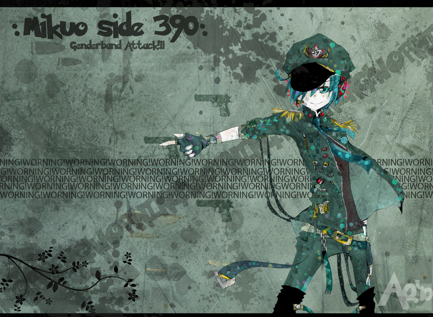 aria_quarzo bad_deviantart_id bad_id badge chain engrish finger_gun fingerless_gloves fingers genderswap genderswap_(ftm) gloves green green_eyes green_hair hatsune_mikuo headphones highres male_focus military military_uniform necktie ranguage smile solo strap uniform vocaloid