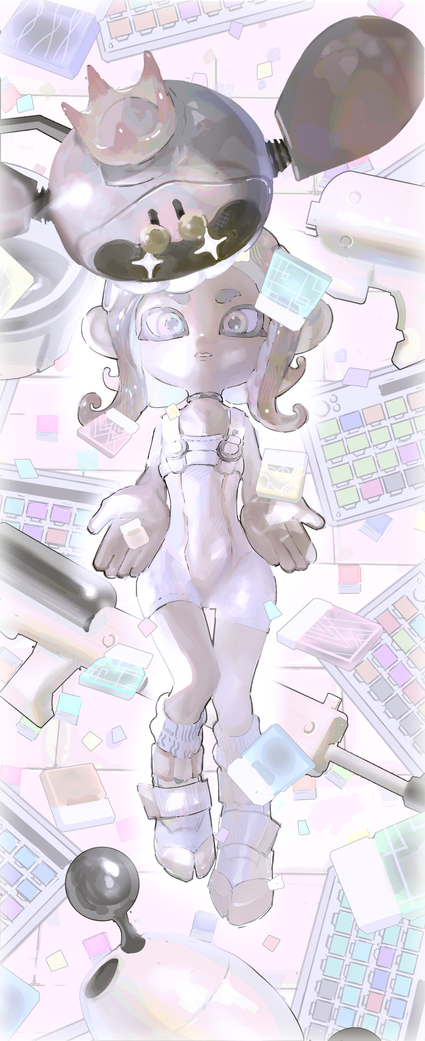 2girls absurdres agent_8_(splatoon) bodysuit boots choker clenched_teeth crown drone english_commentary full_body grey_choker grey_hair highres long_hair luna_blaster_(splatoon) miyana_(leftmnkr) multicolored_eyes multiple_girls non-humanoid_robot octoling octoling_girl octoling_player_character order_charger_(splatoon) order_shot_(splatoon) pearl_drone_(splatoon) rainbow_eyes robot sleeveless sleeveless_bodysuit slosher_(splatoon) socks splatoon_(series) splatoon_3 splatoon_3:_side_order star-shaped_pupils star_(symbol) symbol-shaped_pupils teeth tentacle_hair white_bodysuit white_footwear white_socks