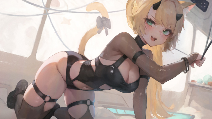 1girl absurdres all_fours animal_ear_fluff animal_ears black_thighhighs blonde_hair bow bracelet breasts cat_ears cat_girl cat_tail chrisdasa cleavage green_eyes highres indie_virtual_youtuber jewelry long_hair looking_at_viewer neomizero_(vtuber) open_mouth solo tail tail_bow tail_ornament tail_raised thick_thighs thighhighs thighs