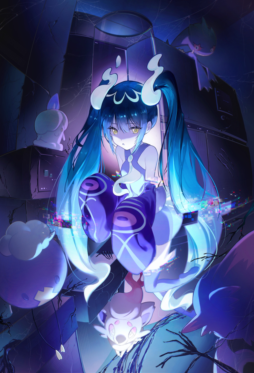 1girl :o absurdres bare_shoulders black_shorts black_thighhighs blue_hair blue_shirt character_request detached_arm detached_sleeves drifloon english_commentary floating full_body ghost_miku_(project_voltage) glitch gradient_hair hatsune_miku highres litwick long_hair multicolored_hair necktie open_mouth pale_skin pokemon pokemon_(creature) project_voltage see-through see-through_skirt shaded_face shirt shorts skirt sleeveless sleeveless_shirt sleeves_past_fingers sleeves_past_wrists solo thighhighs twintails very_long_hair vocaloid white_hair white_necktie yellow_eyes zutto_(dfvn7377)
