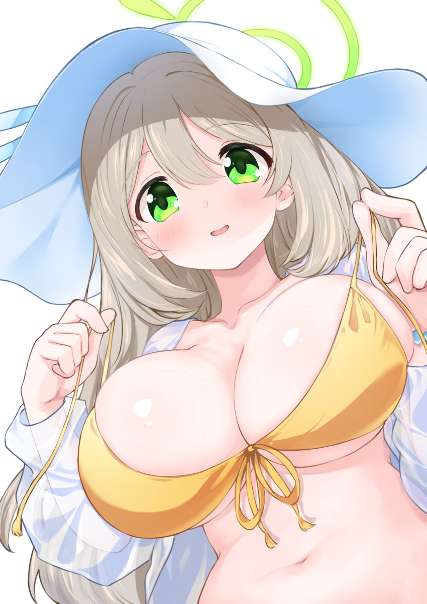 1girl bikini blue_archive blush breasts collarbone green_eyes green_halo hair_between_eyes halo hat highres jacket large_breasts light_brown_hair long_hair long_sleeves navel nonomi_(blue_archive) nonomi_(swimsuit)_(blue_archive) official_alternate_costume open_clothes open_jacket open_mouth see-through see-through_jacket simple_background smile solo sota sun_hat swimsuit upper_body white_background white_headwear white_jacket yellow_bikini