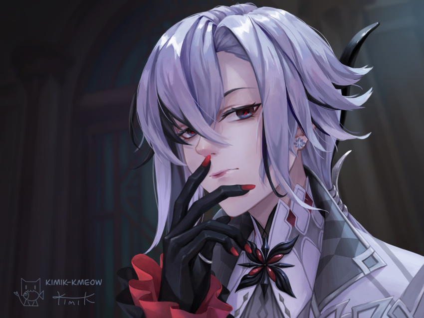 1girl arlecchino_(genshin_impact) black_eyes black_hair coat commentary genshin_impact grey_coat grey_hair highres kimik multicolored_hair nail_polish portrait red_nails solo streaked_hair