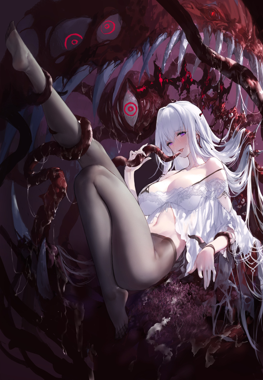 1girl absurdly_long_hair bare_shoulders black_pantyhose blush breasts cleavage eldritch_abomination full_body highres holding_tentacle imminent_fellatio large_breasts long_hair looking_at_viewer lying on_back open_mouth original outstretched_leg pantyhose purple_eyes restrained revealing_clothes sharp_teeth slime_(substance) swd3e2 teeth tentacles toes very_long_hair white_hair