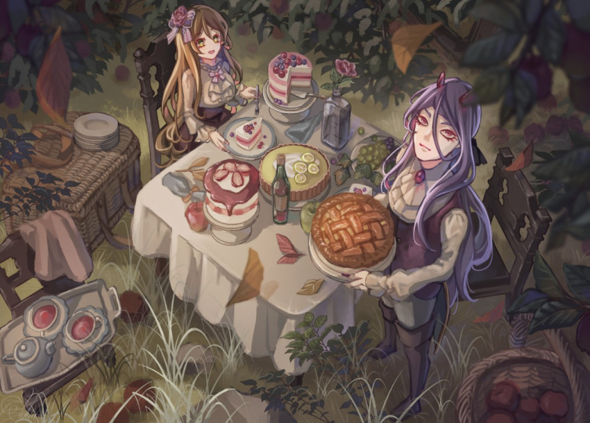 1boy 1girl apple apple_pie ascot basket boots brooch brown_hair cake cake_stand chair cup food from_above fruit glass_bottle grass green_eyes holding holding_plate jewelry knee_boots long_hair long_sleeves open_mouth original outdoors pie pink_eyes plate purple_hair sitting smile table tablecloth tart_(food) tea tea_party teacup teapot very_long_hair vest yuuhi7