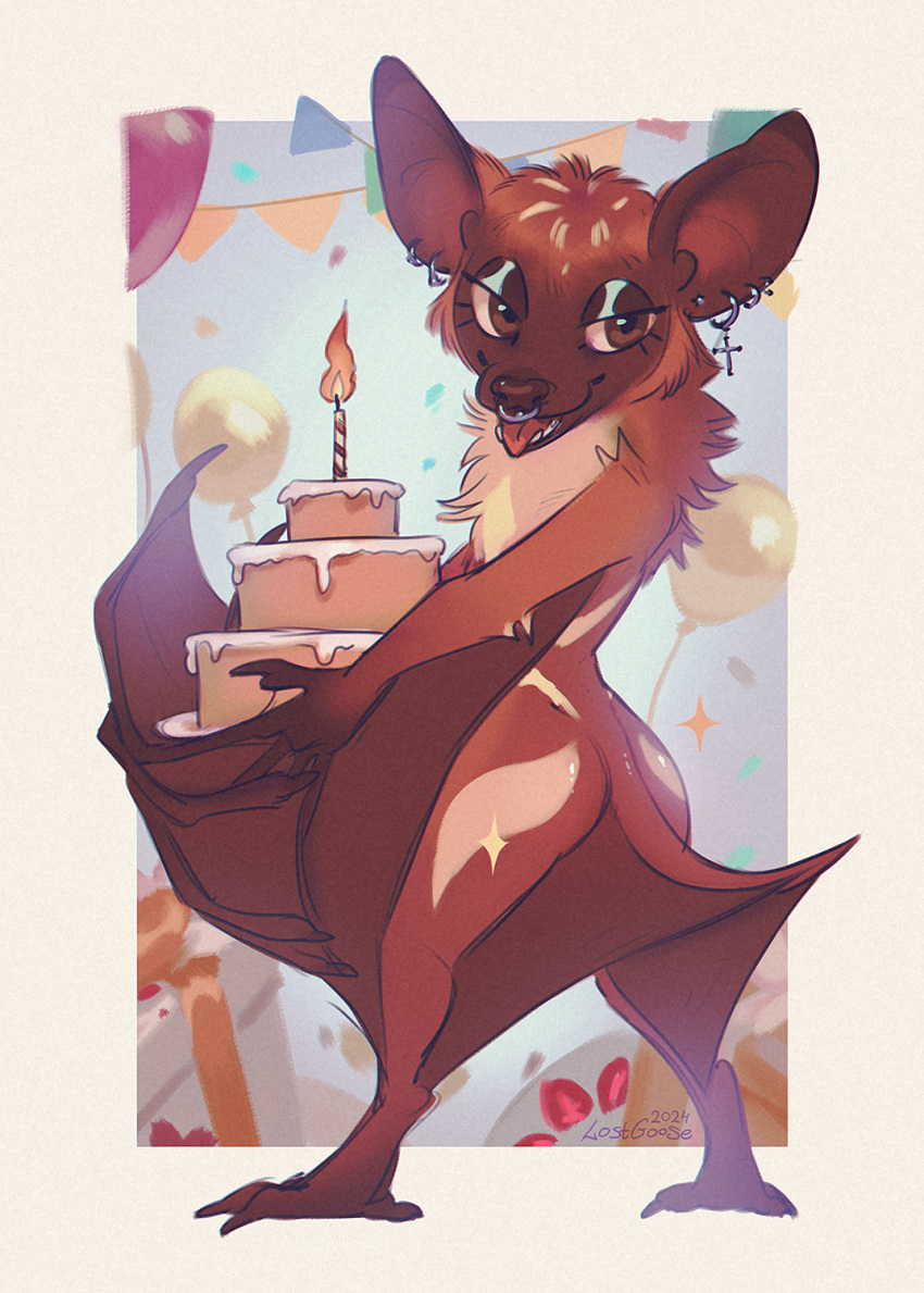 anthro balloon bat birthday brown_body brown_hair cake candle dessert ear_piercing eyebrow_piercing facial_piercing food hair half-closed_eyes hi_res inflatable lostgoose male mammal narrowed_eyes open_mouth piercing solo tongue tongue_out wings