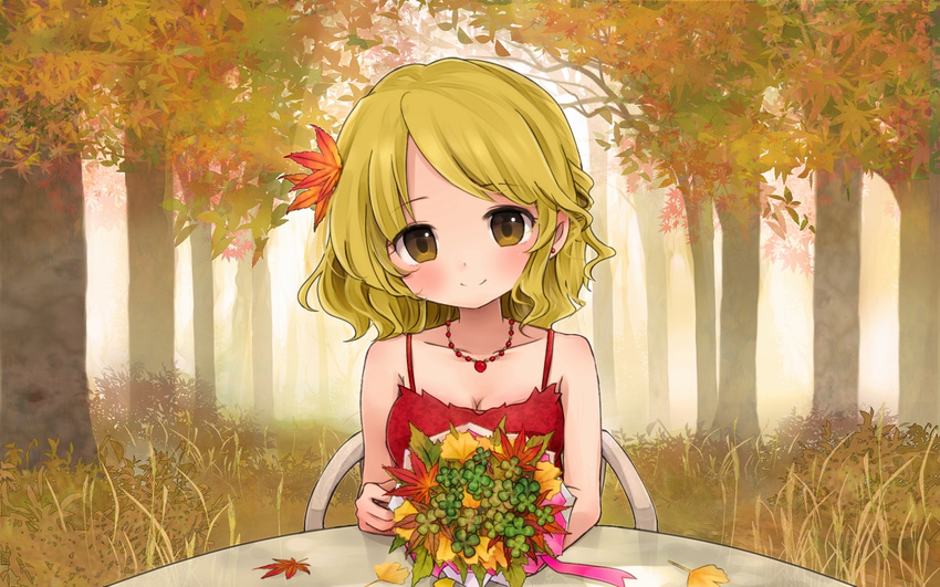 aki_shizuha alternate_costume autumn blonde_hair bouquet clover dress earrings flower forest four-leaf_clover hair_ornament jewelry leaf leaf_hair_ornament looking_at_viewer maple_leaf nature short_hair sitting smile solo table tona_(nekotte) touhou tree wallpaper yellow_eyes