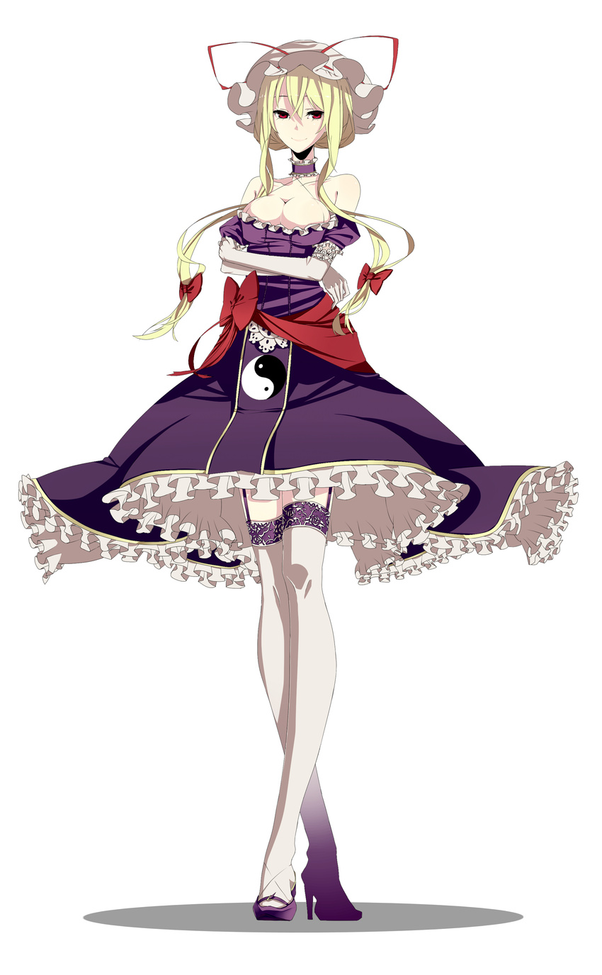 absurdres adapted_costume bare_shoulders blonde_hair breasts choker crossed_legs dress elbow_gloves frilled_dress frills full_body gloves hat highres lace lace-trimmed_thighhighs legs long_legs medium_breasts red_eyes shinoi short_hair simple_background smile solo standing thighhighs touhou watson_cross white_background white_gloves white_legwear yakumo_yukari yin_yang