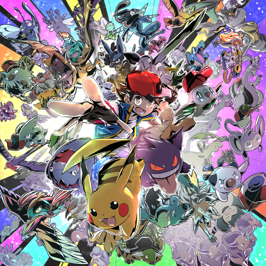 1boy 6+others aipom alternate_color ash-greninja ash_ketchum baseball_cap bat_(animal) bayleef bee beedrill bird black_gloves blue_skin blue_vest boldore bug buizel bulbasaur butterfly charizard claws closed_mouth colored_sclera colored_skin corphish crab crocodile crocodilian crying dog donphan dracovish dragonite duck everyone fangs feathered_wings fiery_hair fiery_tail fingerless_gloves frog gabite gengar glalie gliscor gloves goodra greninja hat hawlucha heracross hercules_beetle highres holding holding_shield holding_shuriken holding_sword holding_weapon incineroar infernape kakashino_kakato kingler krookodile lapras leavanny lizard looking_at_viewer lucario lycanroc lycanroc_(dusk) melmetal monkey monkey_tail mouse mouth_hold mr._mime muk multiple_others naganadel noctowl noivern open_mouth orange_skin oshawott owl palpitoad pidgeot pignite pikachu pokemon pokemon_(anime) pokemon_(creature) pokemon_journeys primeape purple_skin quilava raticate red_sclera red_skin rock rowlet sceptile scraggy sharp_teeth shell shield shiny_pokemon shirt shoulder_pads shuriken sideways_hat sirfetch'd slime_(creature) snivy snorlax spikes squirtle staraptor sunglasses swellow sword tail talonflame tauros tears teeth tongue tongue_out torkoal torterra totodile turtle unfezant unfezant_(female) vest weapon white_shirt wings yellow_sclera yellow_tail