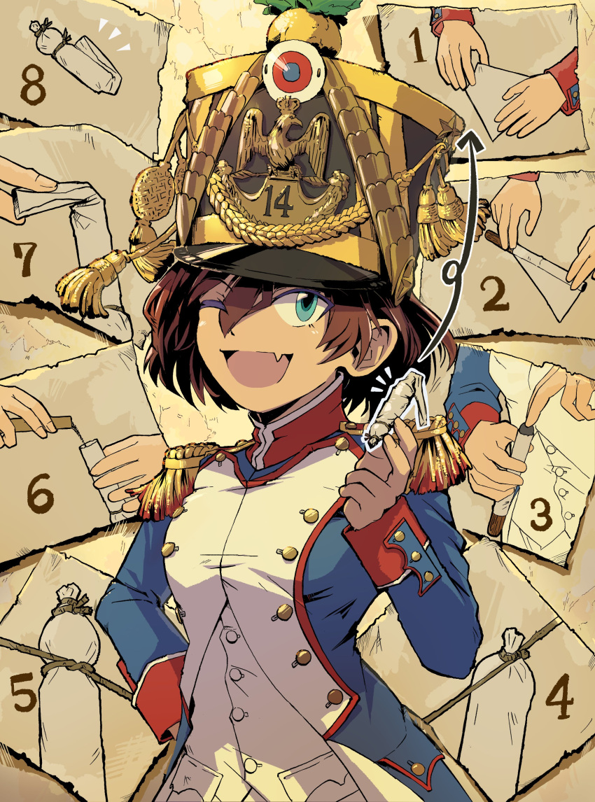 1girl absurdres aiguillette ammunition arrow_(symbol) black_headwear blue_coat blue_eyes breasts brown_hair bullet buttons coat cockade commentary_request double-breasted english_text epaulettes fang france french_army french_clothes gold_trim gunpowder hair_between_eyes hand_on_own_hip hat highres holding how_to line_infantry long_sleeves looking_at_viewer military military_hat military_uniform numbered one_eye_closed open_mouth original pants pocket red_trim shako_cap short_hair sidelocks skin_fang smile soldier solo standing uniform upper_body zeinikunosekai