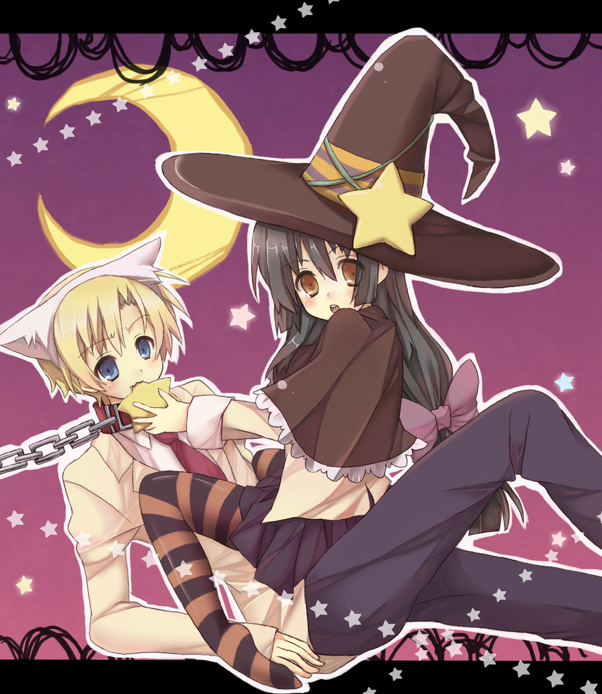 1girl black_hair blonde_hair blue_eyes brown_eyes chain clannad halloween hat highres hikarizaka_private_high_school_uniform ibuki_fuuko long_hair moon school_uniform short_hair star striped striped_legwear sunohara_youhei thighhighs wakabaneko witch_hat