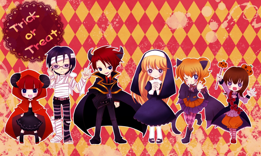 3girls androgynous animal_ears argyle argyle_background bad_id bad_pixiv_id bandages black_hair blonde_hair brown_hair cape crossdressing halloween horns jack-o'-lantern multiple_boys multiple_girls pumpkin pumpkin_hat red_hair siblings tamacotama trick_or_treat umineko_no_naku_koro_ni ushiromiya_ange ushiromiya_battler ushiromiya_george ushiromiya_jessica ushiromiya_lion ushiromiya_maria