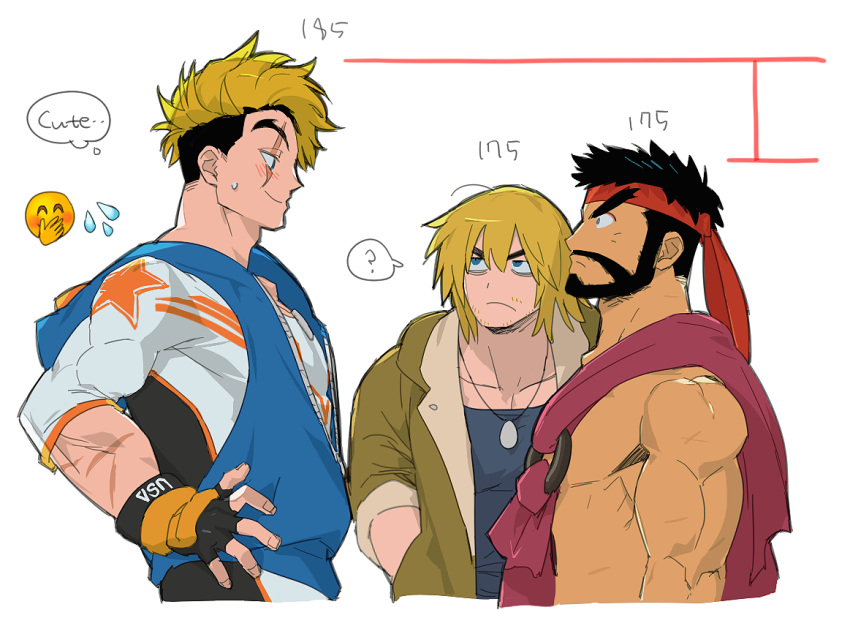 3boys ? athanjccgg bara black_hair blonde_hair blush character_request coat connected_beard emoji english_text eye_contact eyelashes forked_eyebrows headband height_conscious huge_eyebrows jacket ken_masters looking_at_another male_focus medium_hair multiple_boys muscular muscular_male pectorals profile ryu_(street_fighter) scar spoken_question_mark stats street_fighter thought_bubble toned toned_male v-shaped_eyebrows zipper