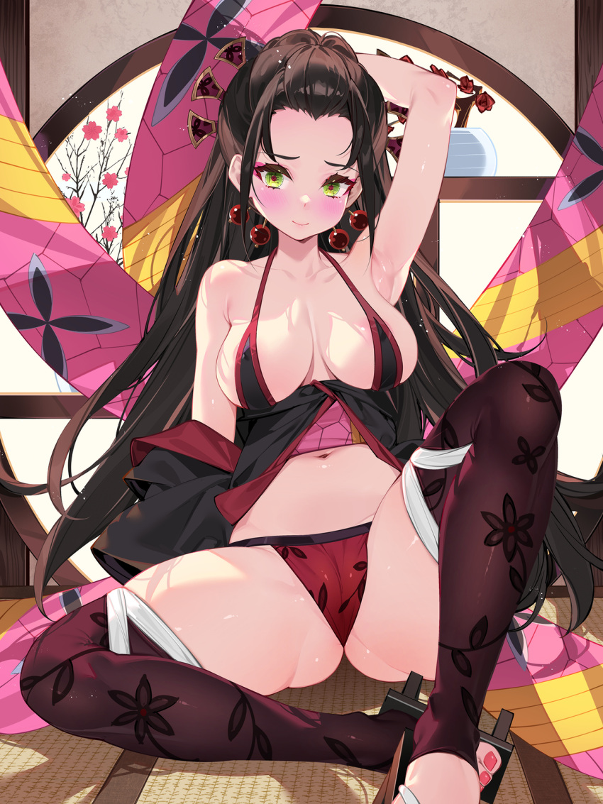 1girl areola_slip arm_behind_head armpits black_bra bra breasts brown_hair brown_thighhighs closed_mouth commentary_request daki_(kimetsu_no_yaiba) green_eyes hair_ornament highres kimetsu_no_yaiba large_breasts long_hair looking_at_viewer navel panties red_panties sitting smile solo thighhighs underwear waterring