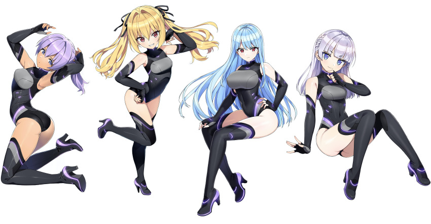 4girls absurdres ass black_one-piece_swimsuit blonde_hair blue_hair braid breasts dark_skin dolphin_wave full_body gloves grey_hair hand_on_own_hip highres kazami_ellen large_breasts medium_breasts multiple_girls nayuki_hiori official_art one-piece_swimsuit ponytail purple_hair red_eyes schnee_weissberg simple_background small_breasts souma_hayate swimsuit tan teeth thighhighs thighs third-party_edit twintails