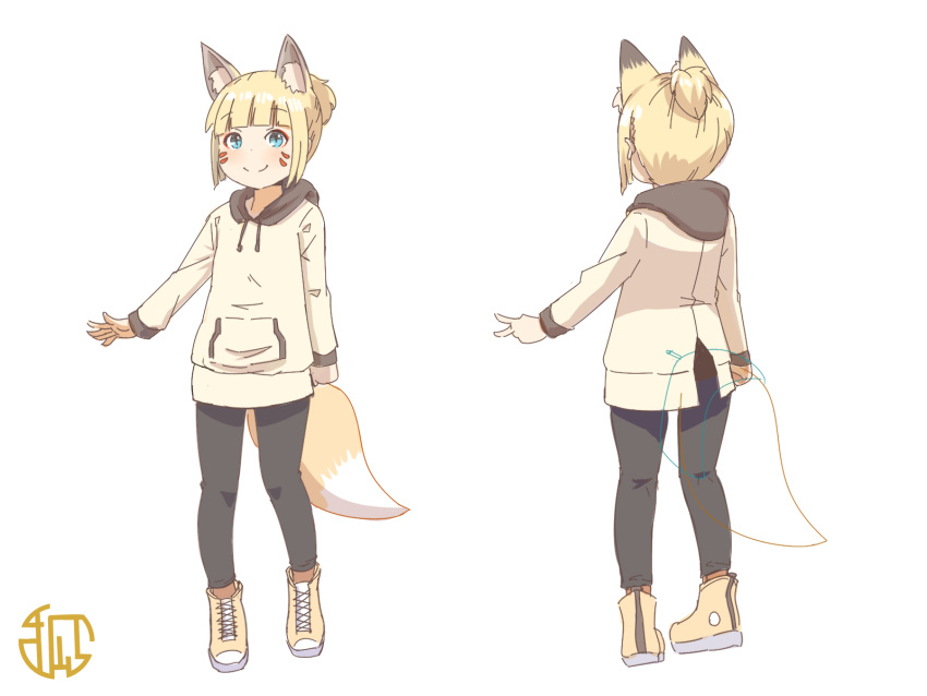 1girl animal_ear_fluff animal_ears black_pants blonde_hair blue_eyes blush brown_footwear brown_hoodie closed_mouth drawstring facial_mark fox_ears fox_girl fox_tail highres hood hood_down hoodie kuro_kosyou long_sleeves looking_at_viewer multiple_views original pants ponytail shoes short_hair simple_background smile standing tail v white_background x-ray