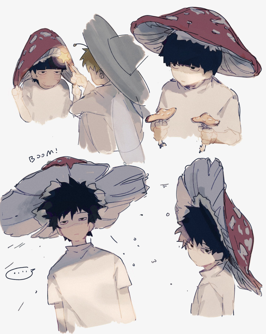 ... 2boys black_eyes black_hair blonde_hair closed_mouth commentary hat highres holding holding_mushroom kageyama_shigeo looking_at_another male_focus masukawagen mob_psycho_100 multiple_boys multiple_views mushroom mushroom_hat reigen_arataka shirt short_hair short_sleeves simple_background spoken_ellipsis star_(symbol) symbol-only_commentary upper_body white_background white_headwear white_shirt wings