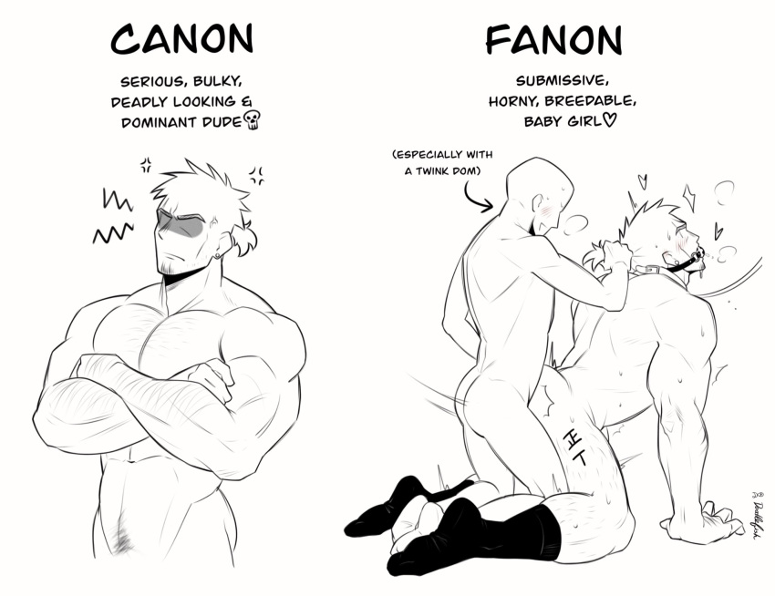 2boys anal ass ball_gag bara blush canon_vs_fanon_(meme) completely_nude crossed_arms doggystyle doodlefish english_text faceless faceless_male facial_hair gag gagged grabbing_another's_hair highres large_pectorals male_focus meme monochrome multiple_boys muscular muscular_male nude original pectorals sex sex_from_behind short_hair smile socks yaoi