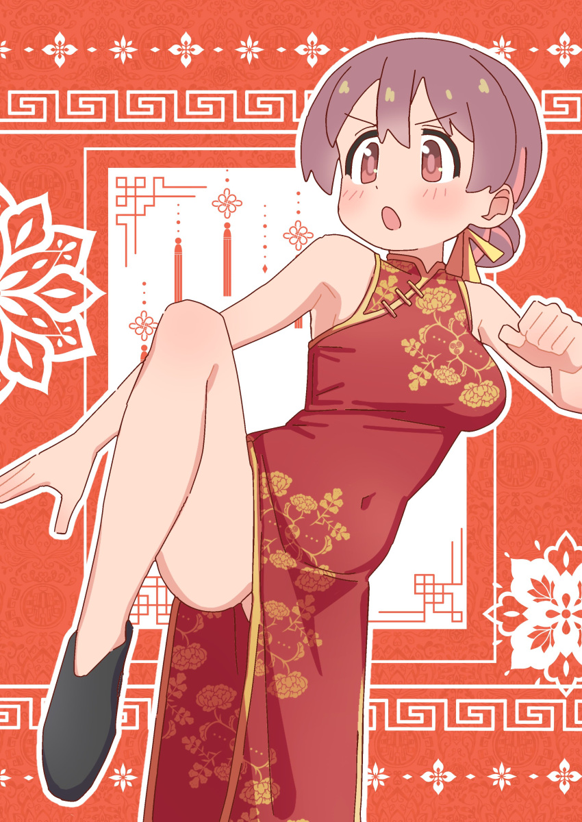 1girl :o absurdres alternate_costume bare_arms bare_legs bare_shoulders black_footwear breasts brown_hair china_dress chinese_clothes clenched_hand commentary covered_navel dot_nose dress fighting_stance floral_print hair_between_eyes hair_bun hair_up highres knee_up light_blush medium_breasts multicolored_hair murosaki_miyo nuurise2023 onii-chan_wa_oshimai! open_mouth outline print_dress red_dress red_eyes red_hair shoes side_slit sleeveless sleeveless_dress solo two-tone_hair white_outline