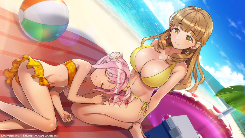 2girls ayato_utae ball beach beachball bikini blonde_hair breasts cleavage dolphin_wave earrings highres innertube jewelry lap_pillow large_breasts long_hair multiple_girls nail_polish navel official_art ootomo_takuji swim_ring swimsuit urami_kana water yellow_bikini