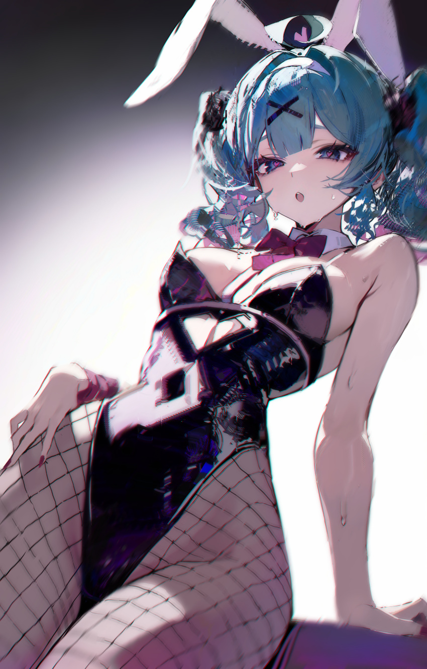 1girl :o absurdres ahoge animal_ears bare_shoulders black_leotard blue_eyes blue_hair bow bowtie breasts clothing_cutout commentary_request cowboy_shot cutout_above_navel fake_animal_ears fishnet_pantyhose fishnets hair_ornament hand_on_own_hip hatsune_miku heart_cutout highres leotard long_hair looking_at_viewer migata open_mouth pantyhose pink_bow pink_bowtie pink_nails pink_pupils playboy_bunny rabbit_ears rabbit_hole_(vocaloid) solo sweat twintails vocaloid x_hair_ornament