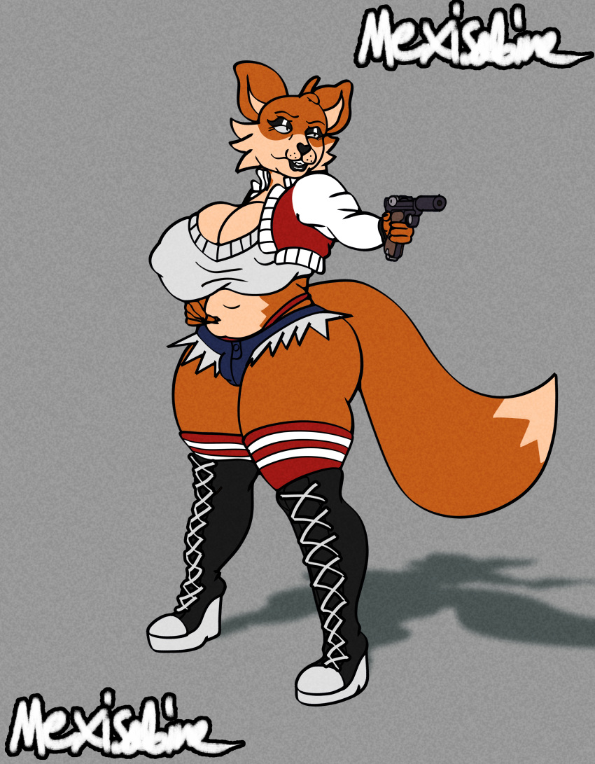 absurd_res anthro big_breasts big_butt big_tail black_lips boots bottomwear breasts bulge butt canid canine cleavage clothed clothing crop_top cutoffs denim denim_bottomwear denim_clothing erect_nipples eyelashes eyeliner female footwear fox gun gynomorph handgun hi_res huge_breasts intersex jacket karen_the_fox_(mexisabine) knee_boots knee_highs legwear letterman_jacket lips lipstick makeup mammal mexisabine midriff nipple_outline nipples organs pistol ranged_weapon red_fox shirt shoes shorts slightly_chubby sneakers stomach tail thick_bottom_lip thick_thighs thigh_highs thong thong_straps topwear torn_clothing true_fox underwear weapon