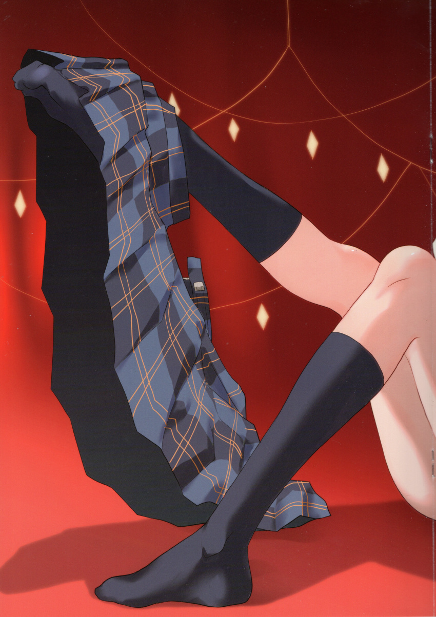 1girl absurdres black_skirt black_socks blue_skirt feet feet_up head_out_of_frame highres kneehighs legs lower_body misaka_mikoto no_shoes non-web_source plaid plaid_skirt pleated_skirt raika9 red_background shadow sitting skirt socks solo string_lights thighs toaru_kagaku_no_railgun toaru_majutsu_no_index